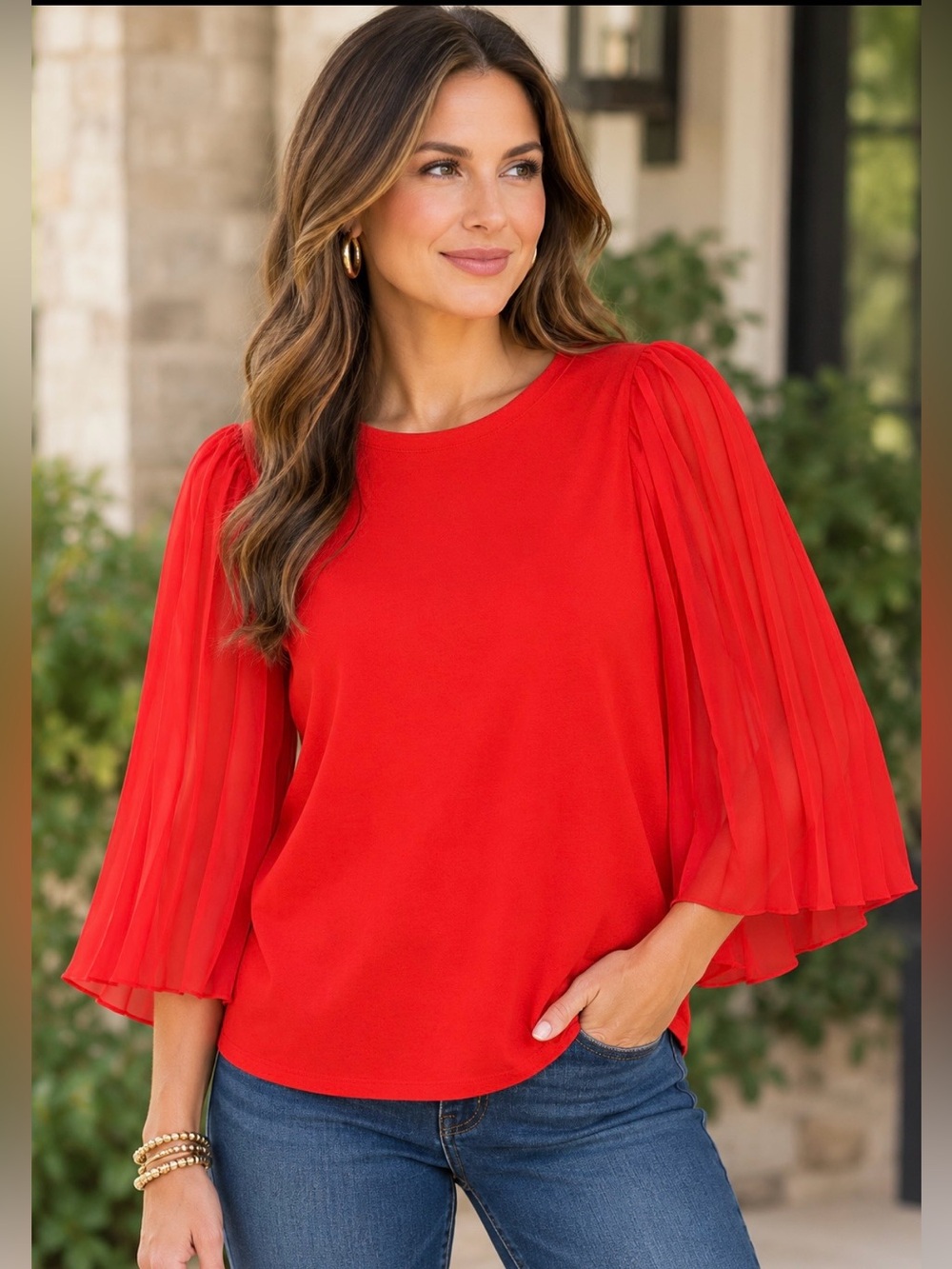 Jason Wu Red Crewneck Blouse Pleated Sheer Sleeves Sz S